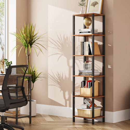 TUTOTAK Bookshelf, 6-Tier Tall Narrow Book Shelf for Small Space | 10.7 x 14.5 x 65.3 Inches Skinny Display Shelf with Storage for Living Room, Office, Study, Entryway, Brown BS01BB006 - color: Brown, size: 6-Tier(10.7 x 14.5 x 65.3 Inches)