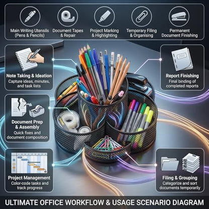 Multifunctional Desk Pen Holder,360°Rotating Metal Mesh Pen Holder,Office Learning Stationery Organiser (Black)