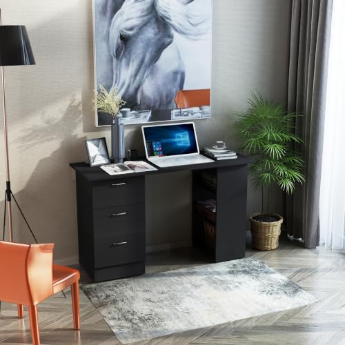 HOMCOM Computer Desk with Drawers, 47" Home Office Desk with Storage, Black - color: Black