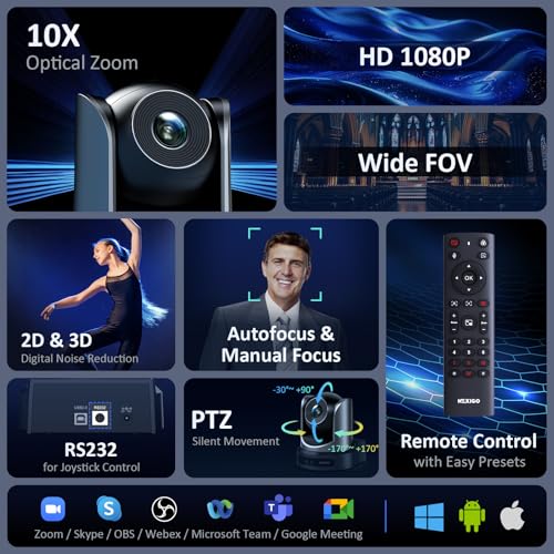 NexiGo Conference Room PTZ Camera System with 10X Optical Zoom, Remote Control, USB Output & Autofocus for Live Streaming, Meetings, Church Services, Education, for OBS/Zoom/Skype | Easy Setup - color: SilverBlack