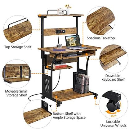 Yaheetech Small 3-Tier Rolling Computer Desk, Power Outlet, Rustic Brown | Engineered wood tiers and metal frame suit small spaces, holding a monitor, printer, and keyboard tray by a built-in outlet. - color: Rustic Brown