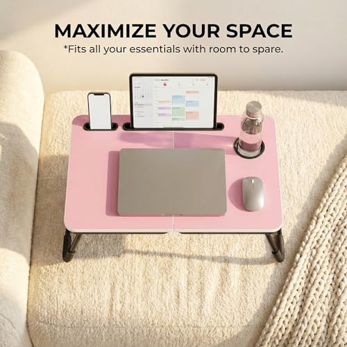 BUYIFY 23.4" Foldable Lap Desk Bed Table with Cup Holder Portable Tray - color: Pink