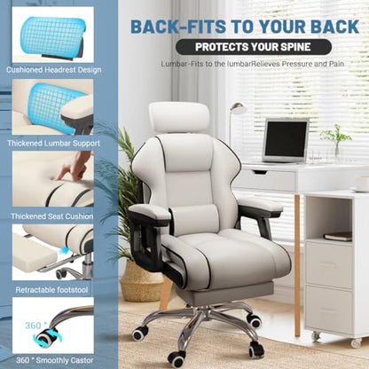 Executive Computer Chair Home Office Desk Chair,Adjustable Angle, Ergonomic Adjustable Height PU Leather Chairs with Cushions Armrest for Long Time Seating-High Office Chair with Footrest - color: White and Black