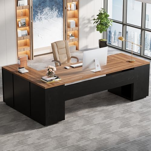 Tribesigns 85.8-Inch L-Shaped Executive Desk, Warm Brown & Black - color: Warm Brown & Black