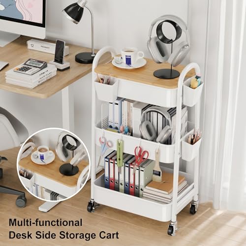 3 Tier White Metal Heavy Duty Rolling Cart with Wheels and Wooden Table Top | Three-Tiered Storage Organizer Utility Cart for Art, Craft, Baby, Diaper Caddy, Coffee, Kitchen, Cleaning, Office Supplies - color: White