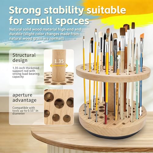 Rotating Paint Brush Holder, 360° Smooth Rot Hardwood Artist Organizer - color: Yellow（52 Holes）