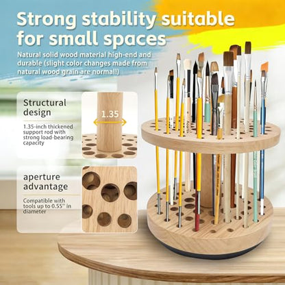 Rotating Paint Brush Holder, 360° Smooth Rot Hardwood Artist Organizer - color: Yellow（52 Holes）