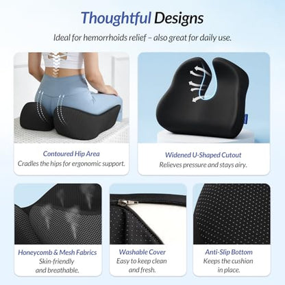 6" Thickened Donut Pillow Seat Cushion, Ergonomic Hemorrhoid Pillow with Widened Cutout for Tailbone,Sciatica Pain Relief & Postpartum, Memory Foam Office Chair Cushion for Long Sitting at Home