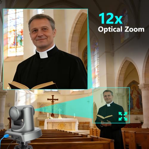4K NDI PTZ Camera AI Voice Tracking, NDI® HX2, 12x Optical Zoom Conference Camera System, Gesture Control, Built-in 4 Mics, Auto Framing, HDMI/LAN/USB, 4K Webcam for Church, Conference, Livestream