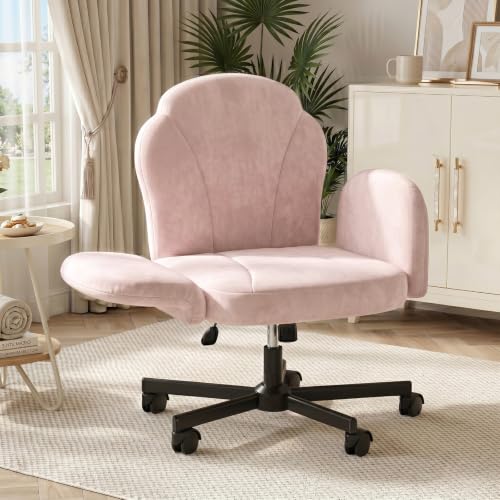Bestier Criss Cross Office Chair with FILP-Up Armrests, Pink Velvet | Rocking Recline,Swivel Makeup Vanity Chair with 5-Level Folding Armrest, Cross Legged Desk, Adjustable Height Swivel Chair - color: Pink Velvet