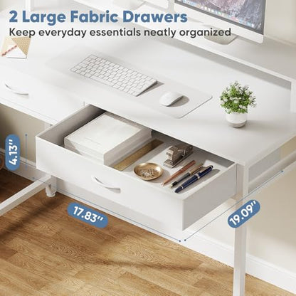 DUMOS 39.4" x 19.7" Compact Computer Desk with Monitor Stand and 2 Drawers, Small Writing Desk with Drawers for Home Office, Study Table for Small Spaces, White