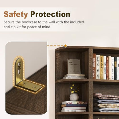 TVU 5-Tier Wood Book Shelf, 47" Wide Large Bookshelf and Bookcase, 62" Tall Bookshelf with Curved Side Shelves, Freestanding Wood Display Book Shelves for Living Room, Home Office, Walnut