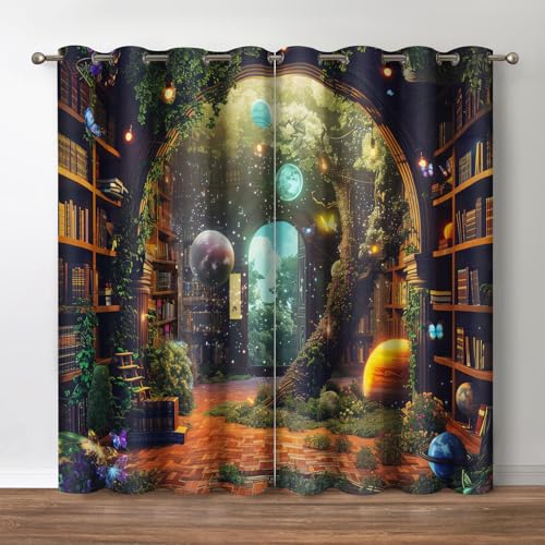 Bookshelf Blackout Curtains 2 Panel Set, 52"x63" | Books Bookcase Tree Flowers Planet Starry Sky Decor for Bedroom Study Classroom Living Room Darkening Grommet Window Drapes - color: Bookshelf4, size: 52"W x 63"L (Pack of 2)