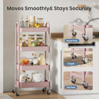DUMOS 4 Tiers Rolling Utility Cart, Storage Organizer, Shelving Unit | Metal, Lockable Wheels, Mobile, Kitchen, Bathroom, Laundry, Narrow Places, Pink - color: 4-tier Cute Pink