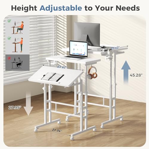 DUMOS Rolling Standing Desk, Sit Stand Desk, Computer Cart | Manual Height Adjustable, Split Top Mobile, Laptop Workstation, Portable Home Office, Walking Pad Study Surface, Modern White - color: Modern White