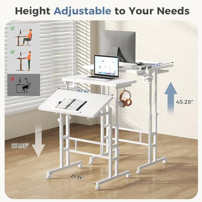 DUMOS Rolling Standing Desk, Sit Stand Desk, Computer Cart | Manual Height Adjustable, Split Top Mobile, Laptop Workstation, Portable Home Office, Walking Pad Study Surface, Modern White - color: Modern White