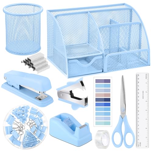 11 In 1 Blue Desk Organizer And Accessories, Light Blue Office Supplies Include Stapler, Tape Dispenser, Pen Holder, Staple Remover, Clips, Ruler, Scissors, Tapes, Tabs - color: Blue