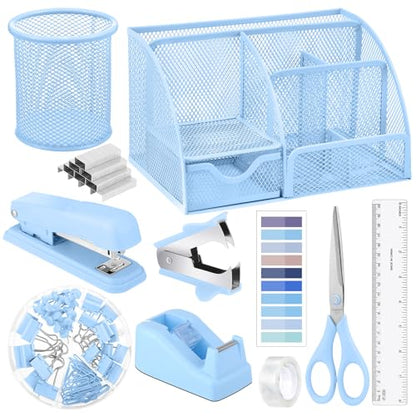 11 In 1 Blue Desk Organizer And Accessories, Light Blue Office Supplies Include Stapler, Tape Dispenser, Pen Holder, Staple Remover, Clips, Ruler, Scissors, Tapes, Tabs - color: Blue