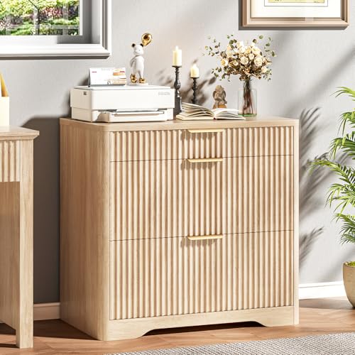 Lateral File Cabinet with 3 Drawers, Natural Oak Fluted Filing Cabinet | Fluted File Cabinet for Letter/Legal/A4 Size Hanging Files, Large Wood File Storage Cabinets Printer Stand for Home Office