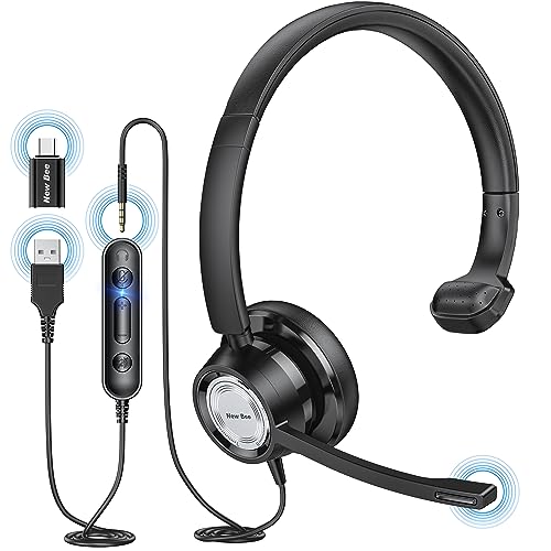 New bee USB Headset with Microphone for PC Computer Headset, Single Ear Noise Cancelling Mic, Call Center Wired Headphone with 3.5 mm/USB/Type C for Skype Zoom Tablet Laptop