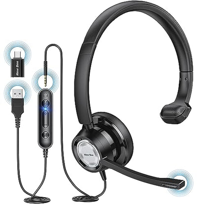 New bee USB Headset with Microphone for PC Computer Headset, Single Ear Noise Cancelling Mic, Call Center Wired Headphone with 3.5 mm/USB/Type C for Skype Zoom Tablet Laptop