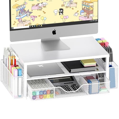 OPNICE Desk Organizer and Accessories, 2-Tier Computer Monitor Stand Riser with Drawer and 2 Pen Holders, Laptop Stand, Office Desk Accessories for Office Supplies, White - color: White 1-Pack, size: 18" x 9.1" x 5.6"
