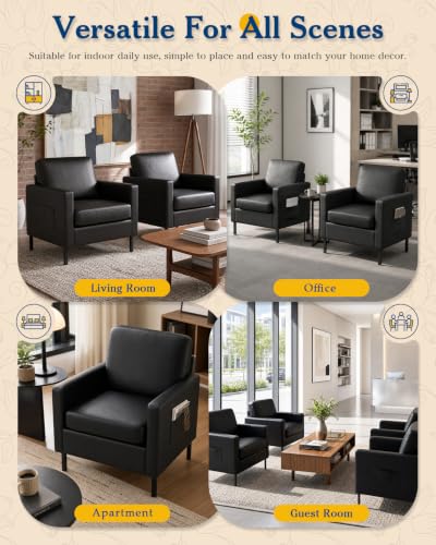 Mid Century Black Leather Mordern Accent Chairs Set of 2 for Living Room | AODAILIHB Cloud Small Sofa With 2 Side Pockets Thick Cushion, Comfy Couch with Metal Leg for Office/Waiting Room/Bedroom/Dorm - size: 2 chairs