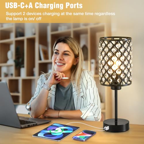 Crystal Table Lamp, Black Touch Lamp with USB C+A Port, 3-Way Dimmable - color: Black, size: 14.75"