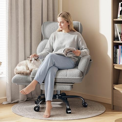 DurayLoly Big and Tall Office Chair with Footrest & Adjustable Armrests | 145° Reclining Backrest, Soft Teddy Fleece, Height Adjustable & 360° Swivel for Home Office, Bedroom - Grey - color: Grey