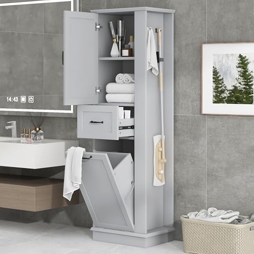 Tall Storage Cabinet, Multi-Use Bathroom Floor Freestanding Storage Cabinet with One Drawer, Adjustable Shelf, and One Tilt-Out Compartment for Bathroom, Office, Living Room, Gray - color: Grey/Tilt-out Compartment
