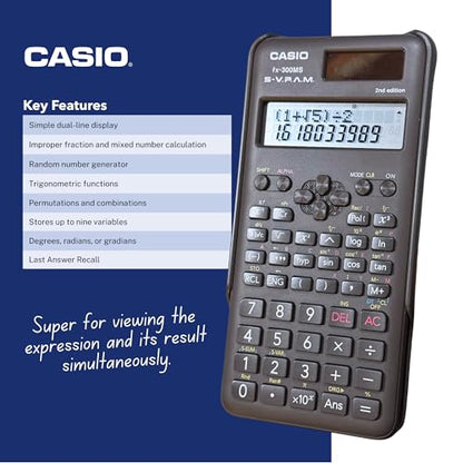 Casio fx-300MS Plus 2nd Edition – Standard Scientific Calculator with 2-Line Display | 10-Digit LCD, Trig, Stats, Fractions | Ideal for High School Algebra, Trigonometry & Test Prep