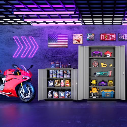 Superday 36" Metal Storage Cabinet, Garage Storage Cabinet with Locking Doors and Adjustable Shelves, Steel Lockable Cabinets, Tool Cabinets for Home Office, Garage, School（Black Grey） - color: Black Grey, size: 36" Metal cabinet