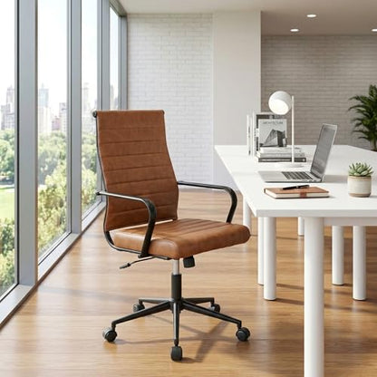 Okeysen Leather Office Desk Chair, Mid-Century Modern Leather Conference Room Chairs, Ergonomic Executive Ribbed Height Adjustable Swivel Rolling Chair for Home Office. - color: Brown