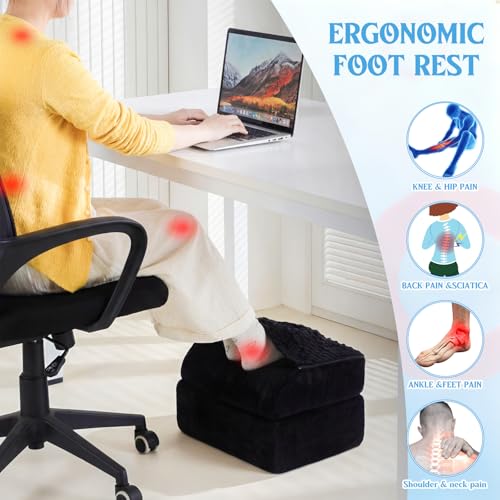 Novabright Foot Rest Under Desk, 3 Height Adjustable Ergonomic Foot Stool with Gel Textured Top and Cozy Pocket, Non-Slip Foam Footrest for Office Home Car(15" X 11" X 14.4",Cambered,Black) - color: Black, size: 15" X 11" X 14.4", style: Cambered