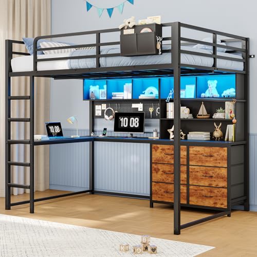 Full‑Size Black Metal Loft Bed with L‑Shaped Desk, LED & Charging Station - color: Black