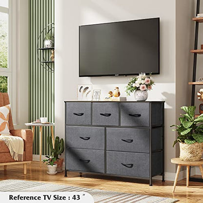 WLIVE 7 Drawer Dresser TV Stand, Entertainment Center, Media Console Table with Metal Frame and Wood Top for TV up to 45 inch, Chest of Drawers for Bedroom, Living Room, Dark Grey - color: Dark Grey