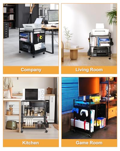 Mythinglogic 3-Tier Rolling Printer Stand with Pegboard and File Holder | Metal cart with adjustable shelves and locking wheels for printers, scanners, paper, craft tools and classroom supplies - color: Black
