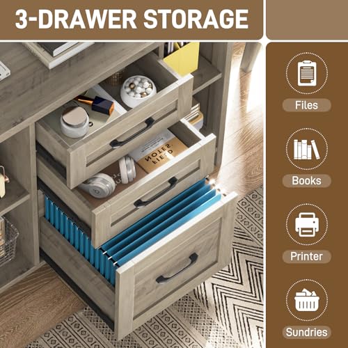 Vabches File Cabinet with 3 Drawers, Farmhouse Lateral File Cabinet Fits Files Letter/A4 Size, Wooden Filing Cabinet with Adjustable Shelves Printer Stand for Home Office, Grey - color: Grey
