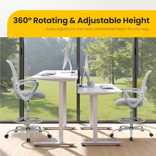 Sweetcrispy Tall Drafting Chair, High Office Desk Chair with Footrest | Comfy Lumbar Support, Counter Height Adjustable, Fixed Arms, 360° Computer Rolling Stool, Grey - color: Grey, size: 45 inches (H) x 23.62 inches (W) x 24.2 inches (L)