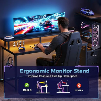 59" Reversible Gaming Desk with LED Lights Power Outlets, Black | Computer Desk with Drawers Can be Used to Store Odds and Handles, Elevated PC Stand To Help You Showcase Your DIY Cases. - color: Black, size: 60 In