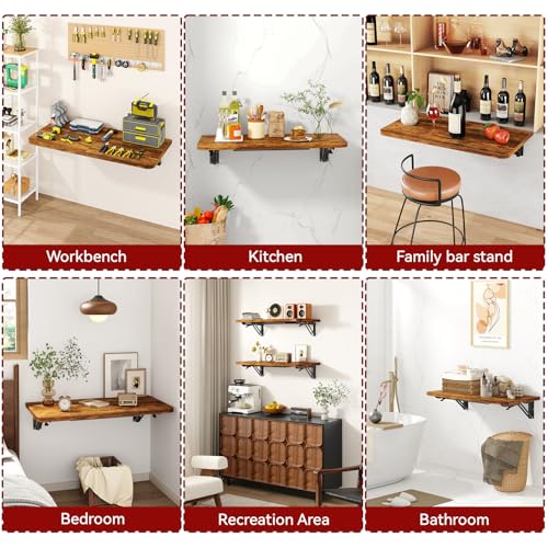 IBUYKE Wall Mounted Folding Table, Floating Wall Desk for Small Spaces, Fold Down Laundry Shelf with Heavy-Duty Brackets, Wall Table for Home Office/Bar/Kitchen/Dining, Rustic Brown UTVT005H - color: Rustic Brown