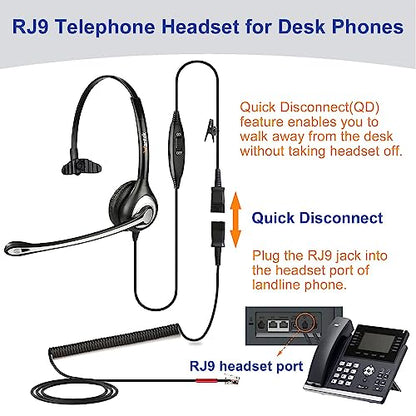 Wantek Yealink Phone Headset with Quick Disconnect Cord, RJ9 Office Telephone Headsets with Mic Noise Cancelling Compatible with Yealink VoIP Phone T21P T42S T46S T48S T27G T53W T54W Grandstream Snom