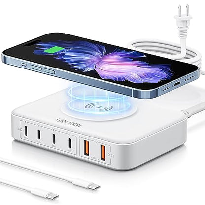 6-in-1 Desktop Charger - 100W USB with 15W Wireless, 2 USB A & 4 USB C Ports for iPhone, iPad, MacBook, Laptop, Samsung & Android Devices