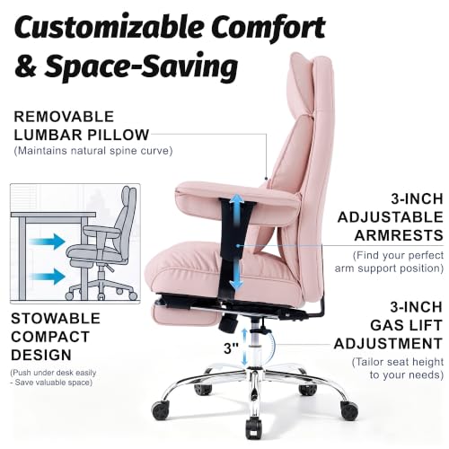 Efomao Executive Office Chair 400lbs,Pink Big and Tall Desk Chair | Mattress-grade pocket spring cushion, sleek leather, 135° recline & footrest for computer gaming setup. - color: 3084p-pink