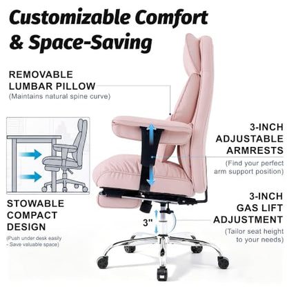 Efomao Executive Office Chair 400lbs,Pink Big and Tall Desk Chair | Mattress-grade pocket spring cushion, sleek leather, 135° recline & footrest for computer gaming setup. - color: 3084p-pink