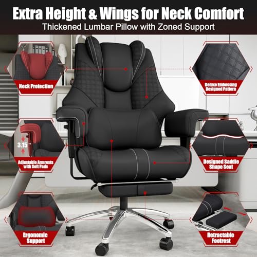400lbs Big and Tall Office Chair, Wide Ergonomic Leather Executive Chair for Heavy People with Foot Rest, High-Back Reclining Computer Chair with Swivel Wheels and Lumbar Support (Black)
