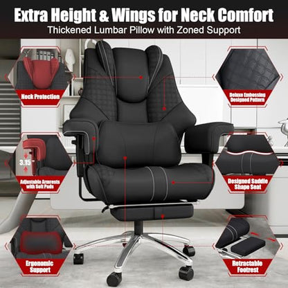 400lbs Big and Tall Office Chair, Wide Ergonomic Leather Executive Chair for Heavy People with Foot Rest, High-Back Reclining Computer Chair with Swivel Wheels and Lumbar Support (Black)