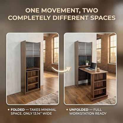 Folding Desk with Storage, Fold Out Desk Space-Saving Workstation, Wall Mounted & Foldable Design for Home Office, Bedroom, Dorm, Includes Shelves, Pegboard & Sliding Glass Doors, Walnut