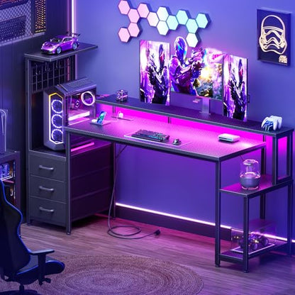 Korfile 63" Gaming Desk with Power Outlet, LED, Carbon Fiber Black Finish - size: 63 Inches