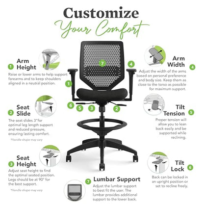 HON Solve Ergonomic Stool, Office Chair, Footring, ReActiv Back, Black - color: Black - Reactiv Back - Stool
